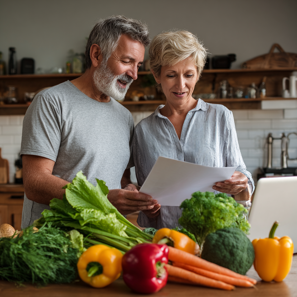 Middle-aged adults reviewing personalized nutrition plans with fresh vegetables and healthy ingredients