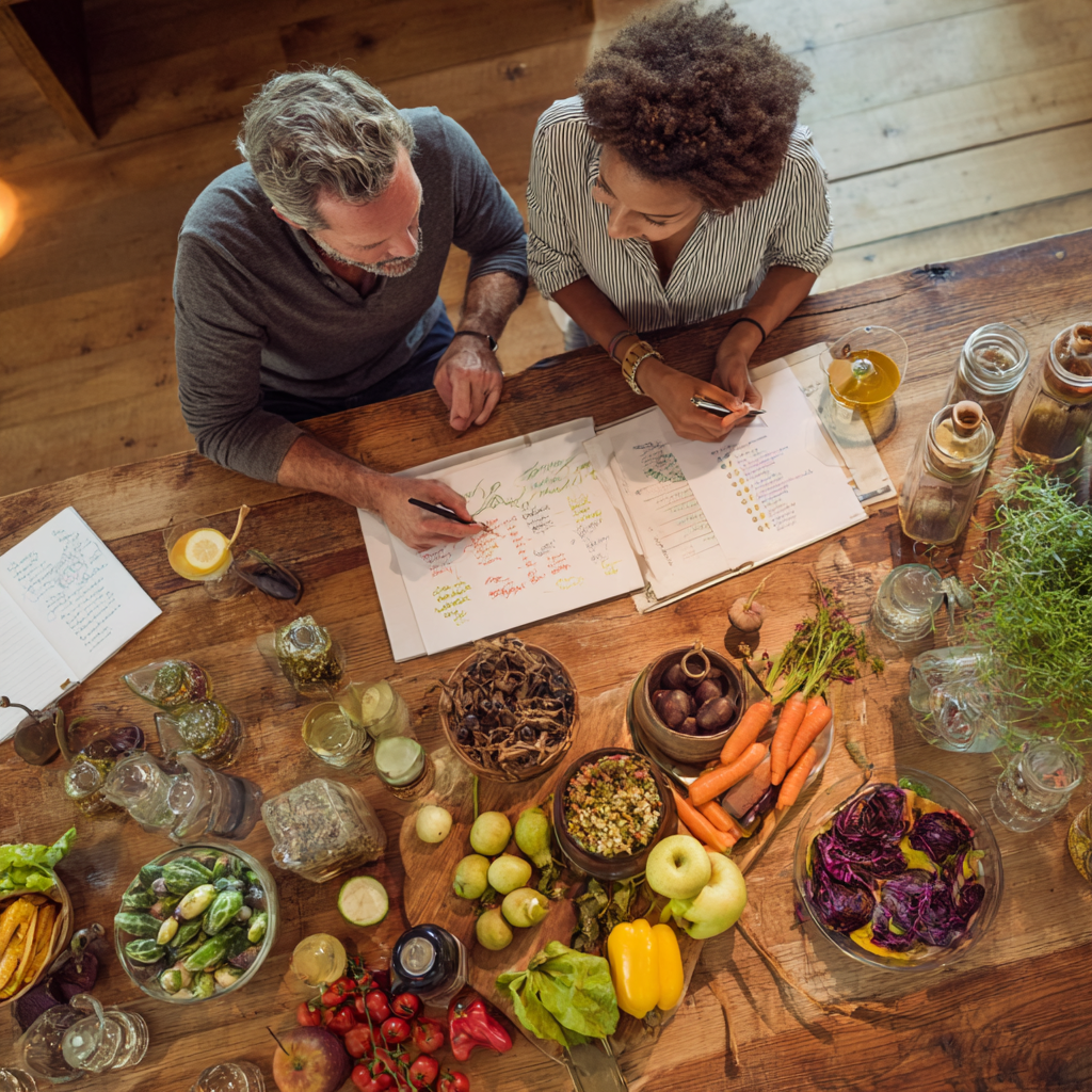 Registered dietitians collaborating on a personalized meal plan around a wooden table
